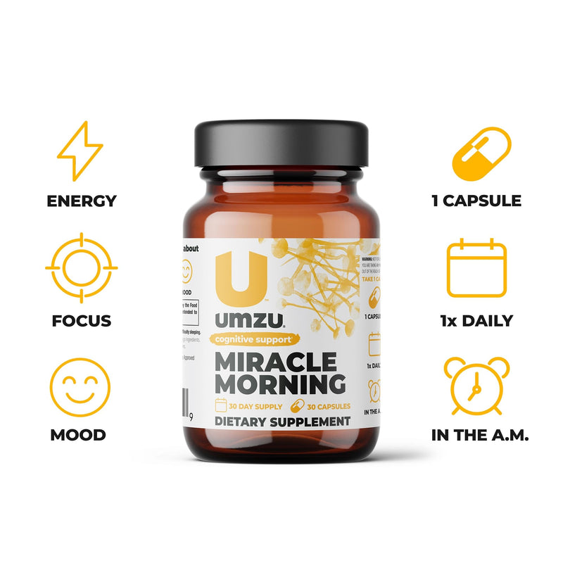 UMZU Miracle Morning - Natural Energy Supplement - Support Focus, Productivity & Cognitive Performance, Caffeine & Teacrine, Boost Energy, Mood, & Cognitive Performance - (30 Day Supply 30 Capsules) - BeesActive Australia