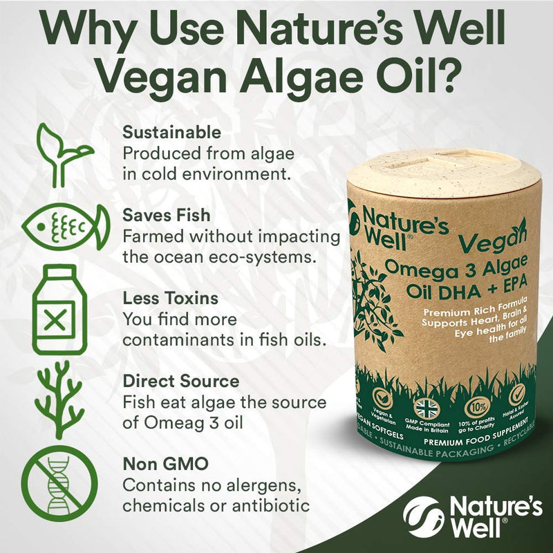 Vegan Omega 3 Algae Oil DHA + EPA, High Concentrate, 60 Vegetarian Capsules, from Sustainable Plant Based Alternative to Fish Oils, Halal & Kosher � Made in The UK by Nature�s Well (Pot) 60 Count (Pack of 1) - BeesActive Australia