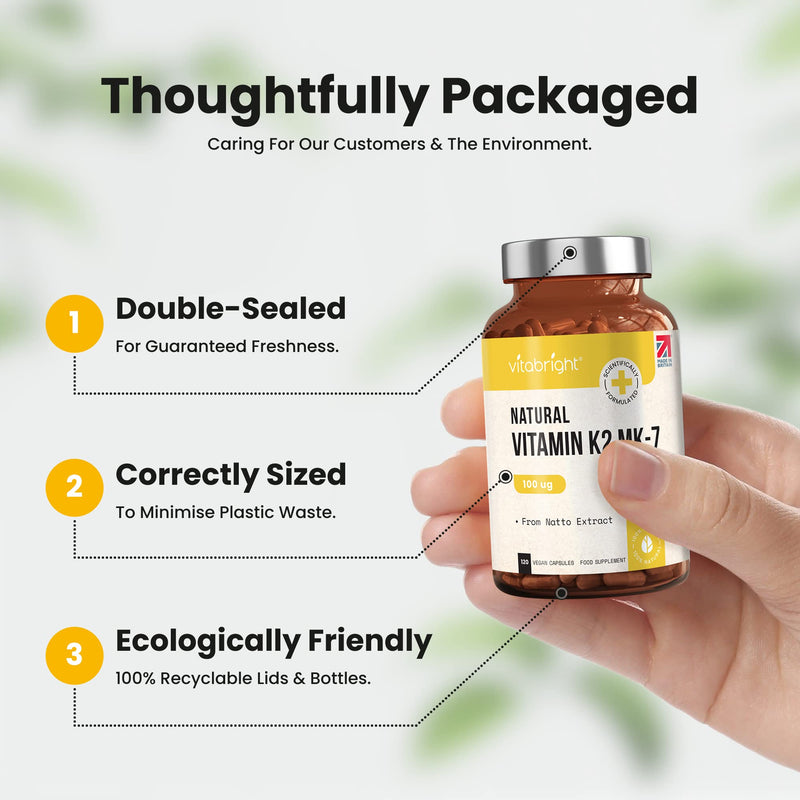 Vitamin K2 MK-7 - Optimal Strength 100mcg - from Natto - Sourced from Plant-Based Natural Ingredients - 120 Easy to Swallow Vegan Capsules (Not Tablets) - Menaquinone-7 - Made in UK by VitaBright - BeesActive Australia