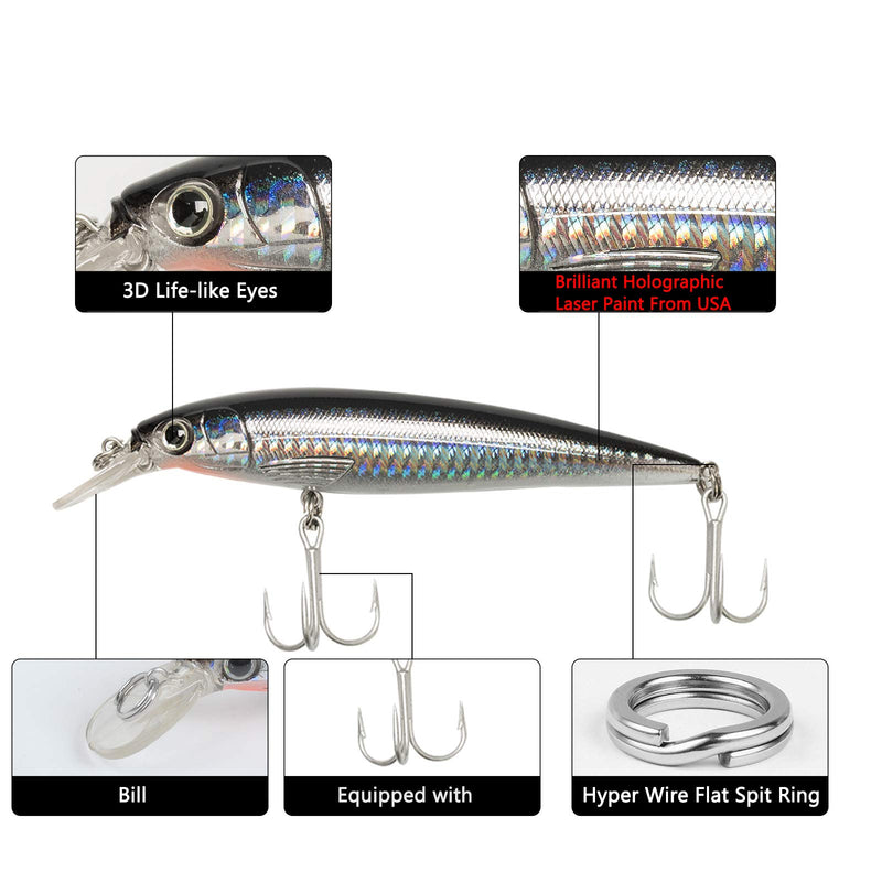 [AUSTRALIA] - Dr.Fish Fishing Lure Assortment 5in Minnow Plugs Popper Jerkbait Mustad Hooks Saltwater Freshwater Surf Fishing Lures Striper Bass Salmon Black Silver Black,Silver(pack of 6) 