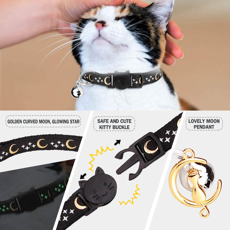 2 PCS Breakaway Cat Collar with Bow Tie and Bell Golden Moon Glowing Star in The Dark for Kitten Black & Purple - BeesActive Australia