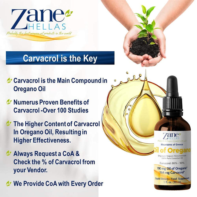 Zane Hellas 190 mg Oregano Oil-164 mg Carvacrol per Serving-4 Drops Daily. 100% Greek Undiluted Oil of Oregano. 86%-90% Min Carvacrol. Probably The Best Oregano Oil in The World. 1 fl. oz.-30ml. - BeesActive Australia