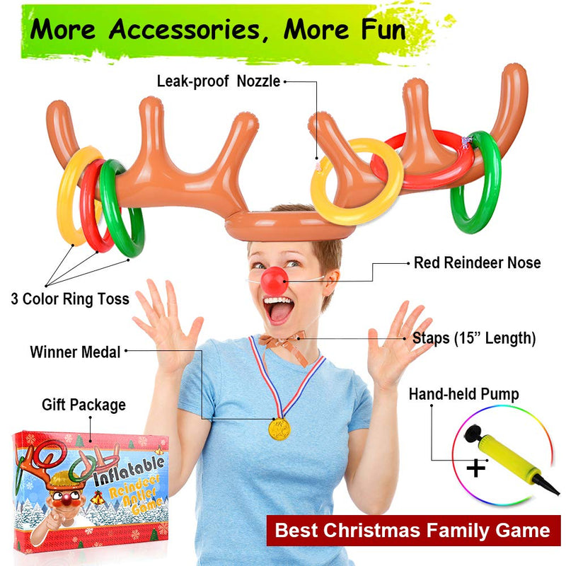 [AUSTRALIA] - 2 Set Inflatable Reindeer Antler Game (2 Reindeer Antler Hat with 12 Ring Toss, 2 Red Reindeer Nose, 1 Medal and 1 Hand-held Pump) Great Family Christmas Party Games 