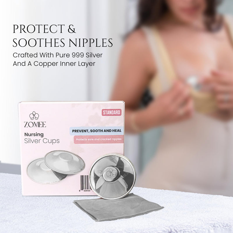 Zomee Original Silver Nursing Cups - Nipple Shields for Nursing Newborn - Breastfeeding Essentials - Tri-Laminate Silver Protect and Soothe - Nipple Covers - Made in Italy (Standard) Standard - BeesActive Australia