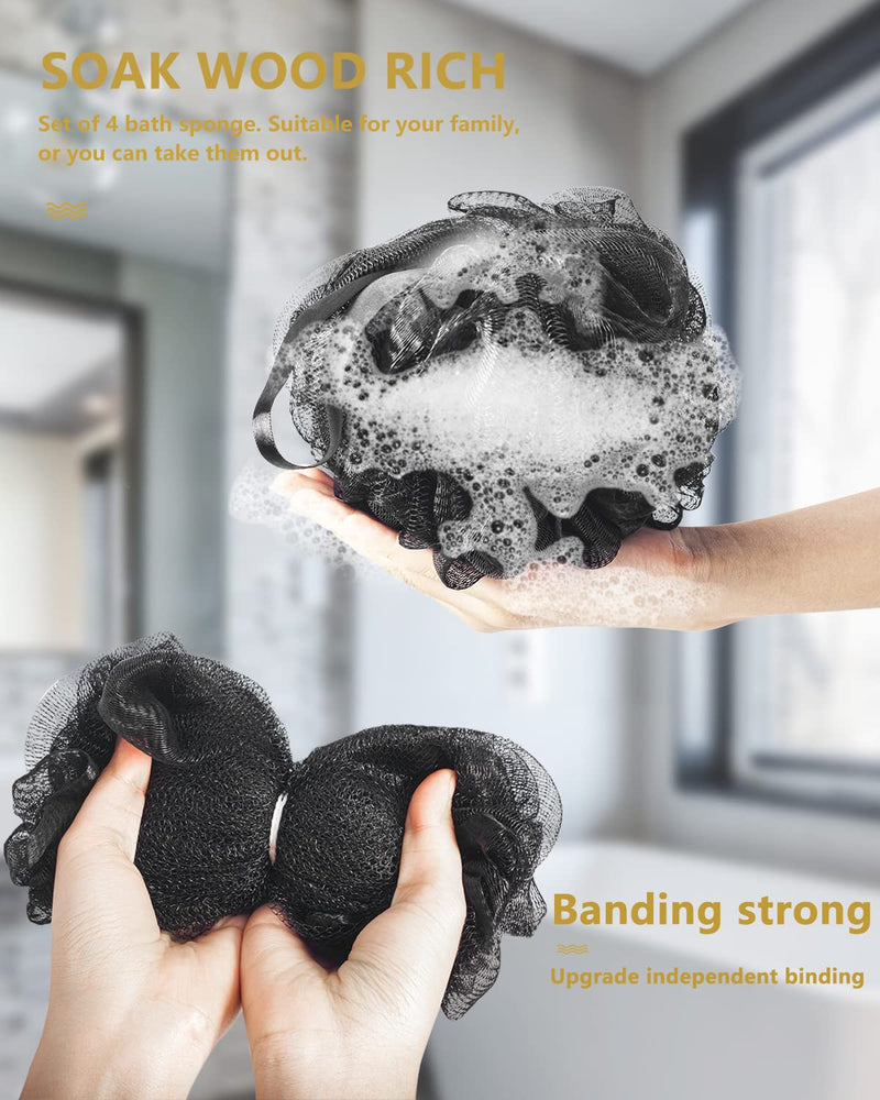 Aquior Shower Puff Loofahs, 60g/PCS Black Extra Large Mesh Pouf Easy Foaming Body Scrubber Exfoliator for Big Full Lather Cleanse(4 Pack) Black-4pc - BeesActive Australia