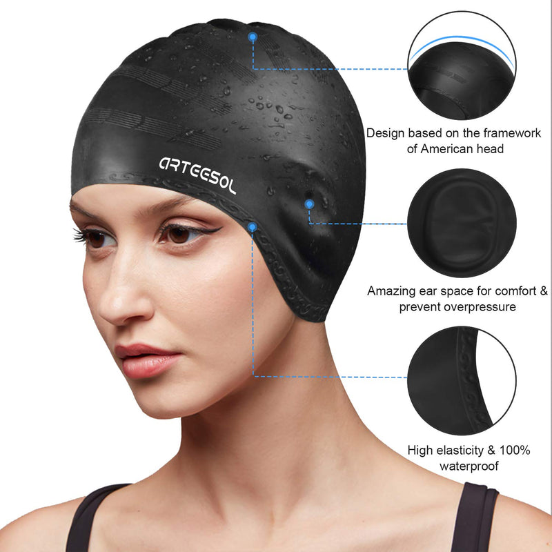 arteesol Swimming Cap, Silicone Swim Cap for Women Men, Durable Non-Slip Waterproof Swim Cap Protect Ears, Long Hair for Adults, Older Kids, Boys and Girls Carbon - BeesActive Australia