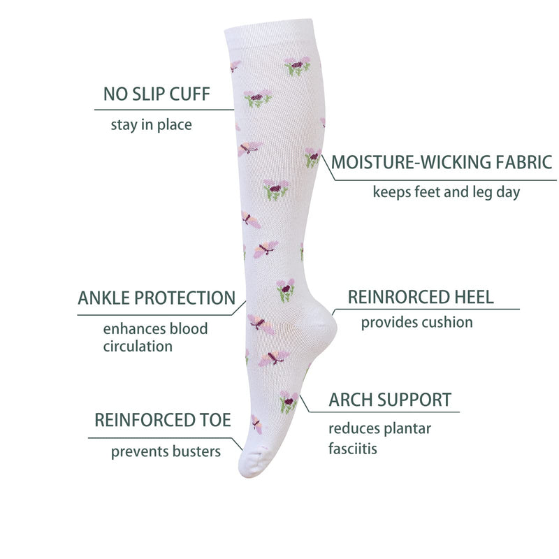 LEOSTEP Socks for Men & Women (4Pair) Non-Slip Long Tube Stocking Ideal for Running,Nurse,Travel,Flight, Pregnancy S-M Insect - BeesActive Australia