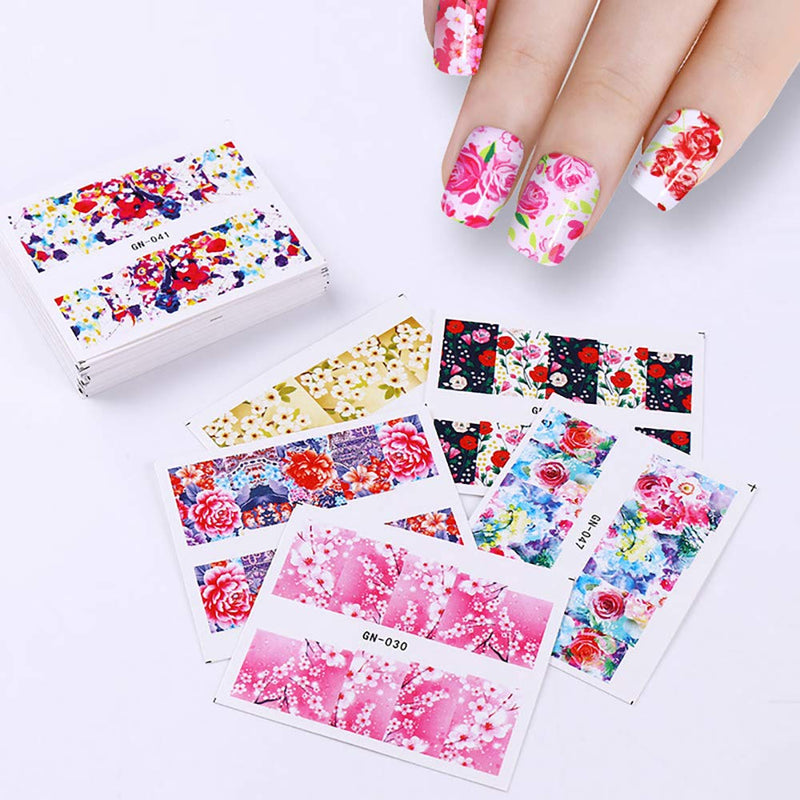 DANNEASY 48 Sheets Floral Nail Water Transfer Decals Full Wraps Nail Stickers Design Manicure Kit for Women with 1Pc Nail File + Wood Cuticle Stick kit 1 - BeesActive Australia