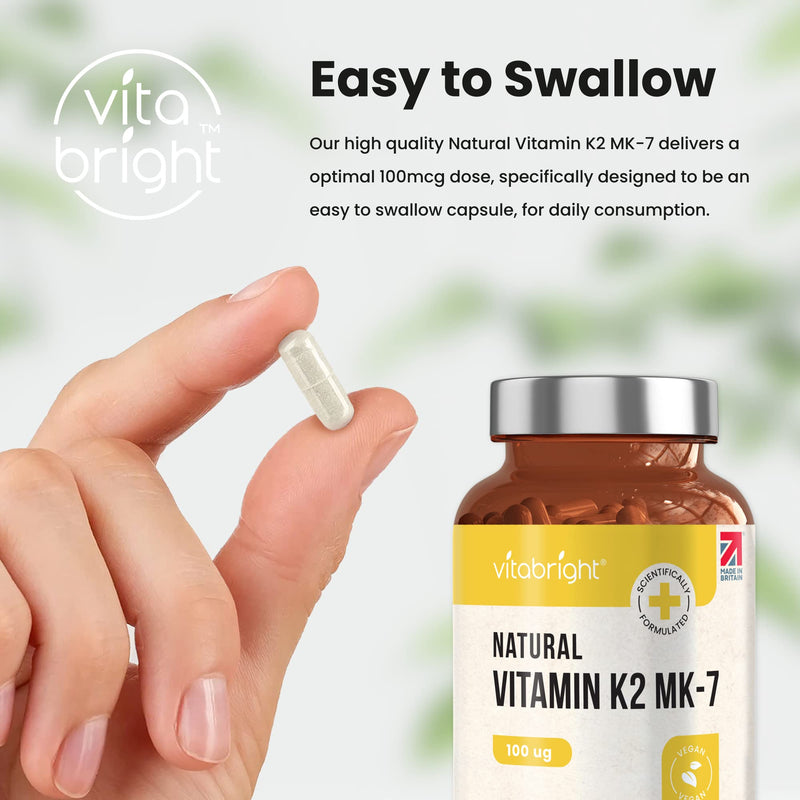 Vitamin K2 MK-7 - Optimal Strength 100mcg - from Natto - Sourced from Plant-Based Natural Ingredients - 120 Easy to Swallow Vegan Capsules (Not Tablets) - Menaquinone-7 - Made in UK by VitaBright - BeesActive Australia