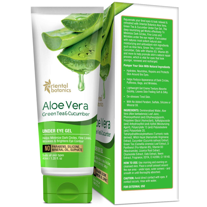 Oriental Botanics Aloe Vera, Green Tea & Cucumber Under Eye Gel, 40ml - With Vitamin B3, B5 - BeesActive Australia