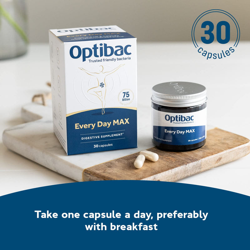 Optibac Probiotics Every Day MAX - Advanced Maximum Strength Vegan Digestive Supplement with 75 Billion Bacterial Cultures - 30 Capsules - BeesActive Australia