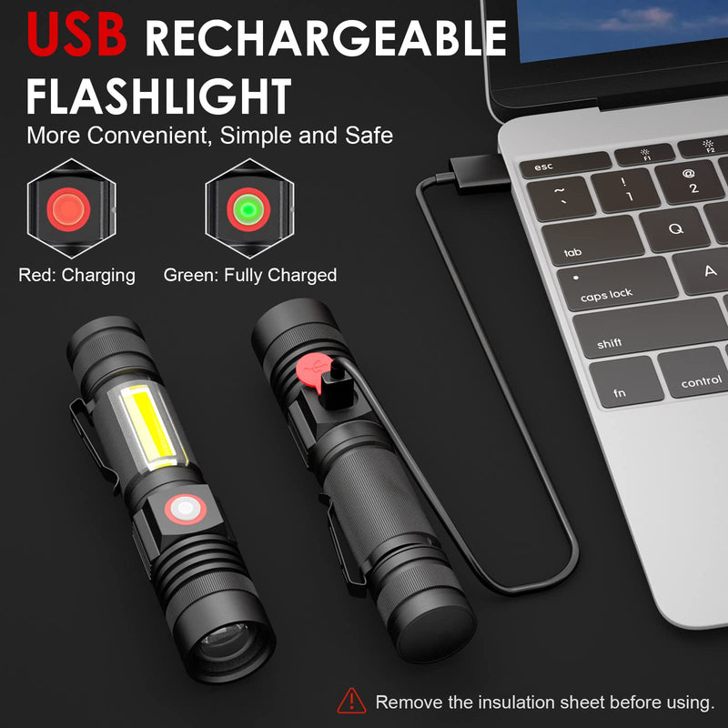 Small Flashlight Rechargeable, Magnetic LED Flashlight, 1000 Lumens Super Bright Flashlight with COB Work Light, 4 Modes, Waterproof, Zoomable Pocket Tactical Flashlights for Camping Emergency 2 Pack - BeesActive Australia
