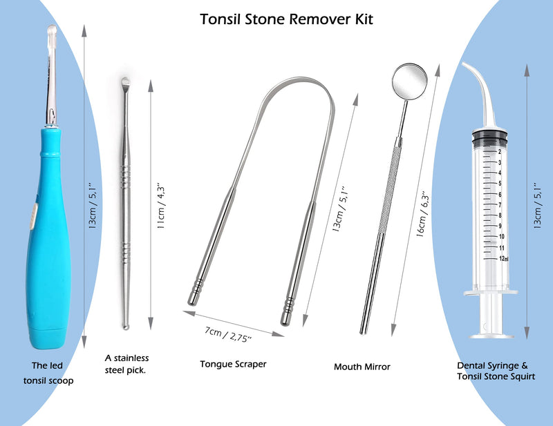 Tonsil Stone Remover Tool and Personal Oral Care Kit 5 in 1 - Tongue Scraper, Dental Syringe, Mouth Mirror, Stainless Steel Pick, and Led Tonsil Scoop - BeesActive Australia