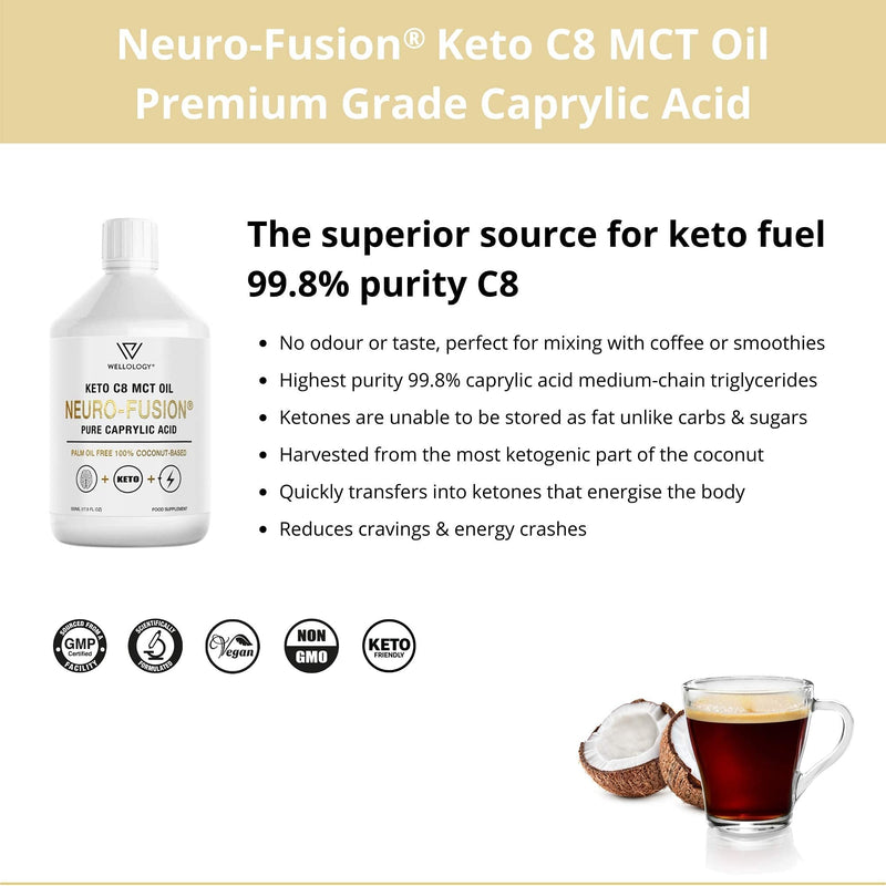 Keto C8 MCT Oil - Pure C8 Caprylic Acid not C10 - Make MCT Oil Ketogenic Bulletproof Coffee - Energy Boosting Ketones - Low Carb Keto Food - MCT Oil, Vegan - 500ml by Wellology - BeesActive Australia