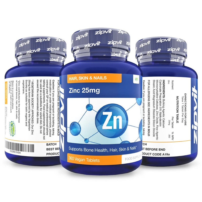 Zinc 25mg, 360 Vegan Tablets. Hair, Skin & Nails. Supports The Immune System, Bone Health & Cognitive Function - BeesActive Australia