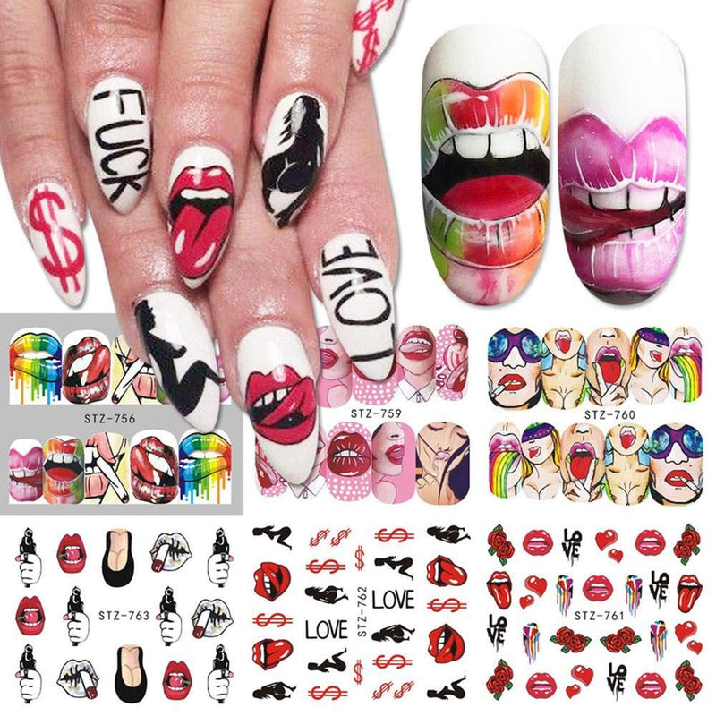 Bad Girl Nail Art Decals Sticker Graffiti Lips Nail Accessories Decorations Nail Stickers for Women Girls Nail Supplies Water Transfer Cool Street Nail Stickers Sexy Lips Cool Girl 9 Sheets - BeesActive Australia