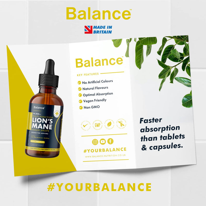 Lion's Mane Liquid Drops - High Strength 800mg - Vegan - 1 Month Supply - 30 Servings - 24,000mg per 60ml Dropper Bottle - Premium Lions Mane Extract for Fast Absorption - Made in UK by Balance - BeesActive Australia
