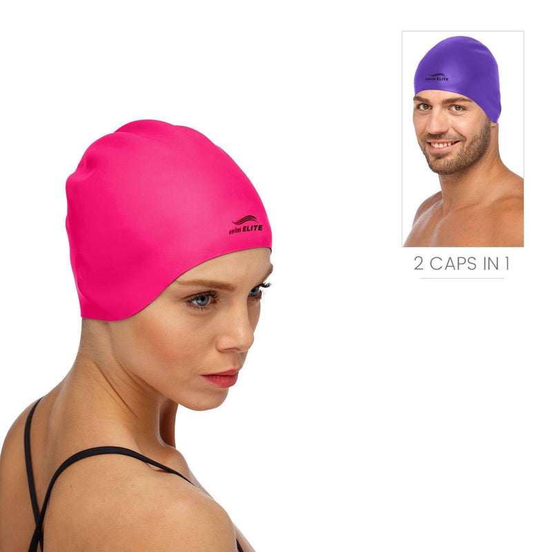Reversible Silicone Swim Cap, Waterproof 2-in-1 Swimming Caps for Men and Women with Carry Bag, Flexible Adult Swimmers Cap for Short and Medium Length Hair Pink/Purple - BeesActive Australia