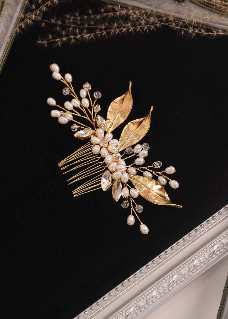 Kercisbeauty Gold Leaf Hair Comb for Brides Pearl Headpiece Vintage Boho Handmade Jewelry Wedding Bridal Side Piece - BeesActive Australia