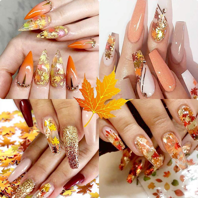 VellMix Fall Nail Art Stickers Decals Maple Leaf Glitter Fall Nail Art Supplies Nails Decorations Manicure Tips Accessories 12 Colors Autumn Gradient Leaf Holographic Nail Sequins for Acrylic Nails - BeesActive Australia