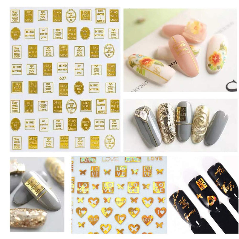 EBANKU Gold Nail Stickers Decals 12 Sheets 3D Luxury English Letter Design Self-Adhesive Nail Art Sticker for Acrylic Nails DIY Decoration Supplies - BeesActive Australia