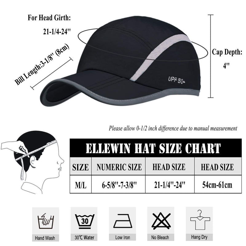 ELLEWIN Unisex Baseball Cap UPF 50 Unstructured Hat with Foldable Long Large Bill A- Reflective Black M/L - BeesActive Australia