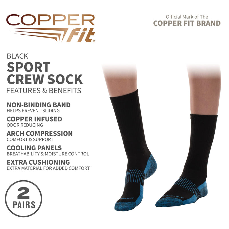 Copper Fit Unisex Crew Length Sport Socks, 2 Pair Small-Medium Black - BeesActive Australia