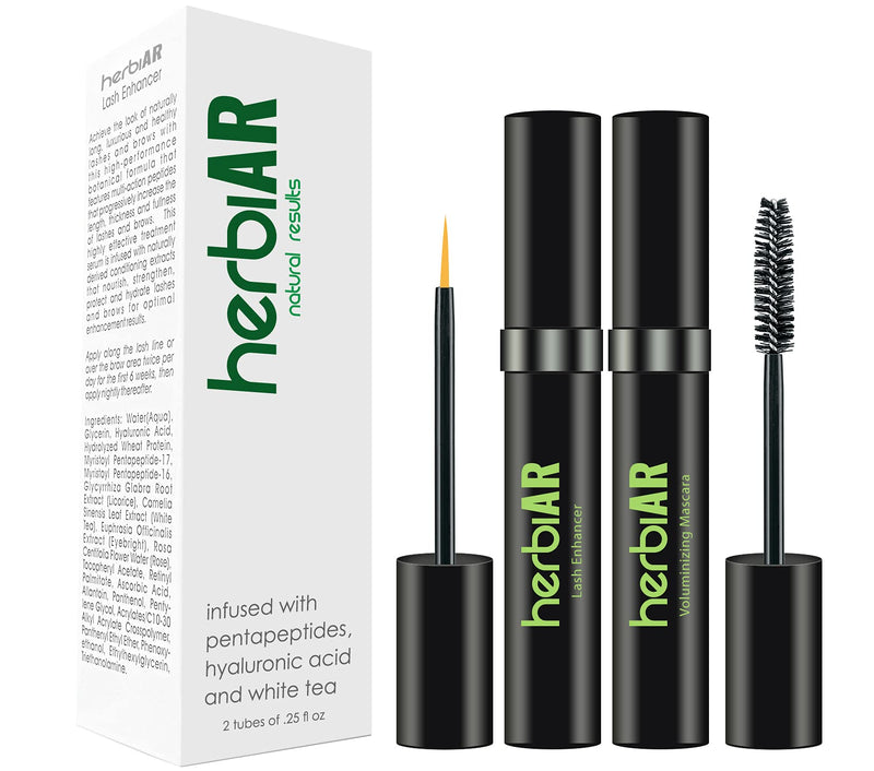 Natural Waterproof Mascara & Eye Lash Growth Serum Voluminous Smudge Proof Makeup Thick Long Lash Enhancer Jet Black Vegan & Cruelty Free (2 x 0.25 Fl Oz) Made in USA | Herbiar - BeesActive Australia