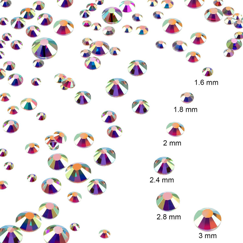 Bememo 3456 Pieces Nail Crystals AB Nail Art Rhinestones Round Beads Flatback Glass Charms Gems Stones, 6 Sizes for Nails Decoration Makeup Clothes Shoes (Iridescent) Iridescent - BeesActive Australia