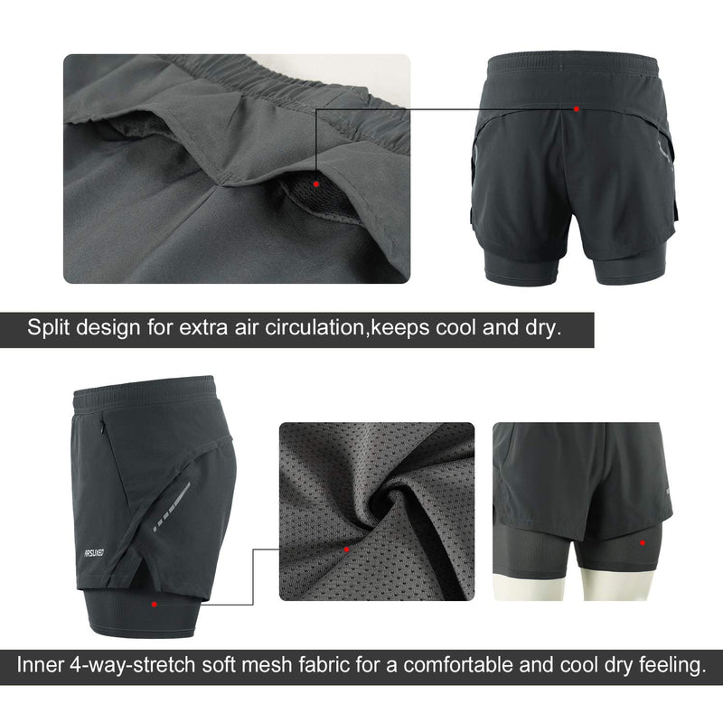 [AUSTRALIA] - ARSUXEO Men's 2 in 1 Running Shorts Breathable Zipper Pocket B202 Dark Grey Small 