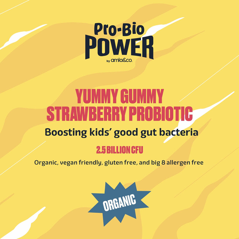 Pro-Bio Power Daily Chewable Probiotic for Kids | Gummy Strawberry Probiotic for Children | 60-Count Digestive Health Supplement | Organic, Vegan, Gluten-Free, and Big 8 Allergen Free | by Amla & Co Pro-Bio Power Probiotic - BeesActive Australia