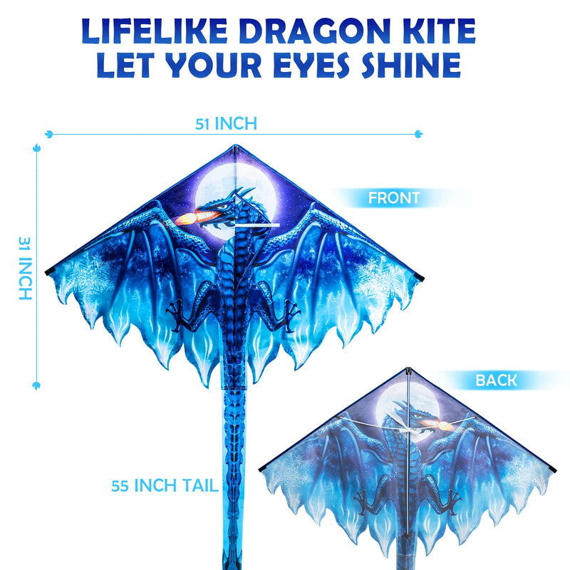 Dragon Delta Kites for Kids and Adults, Easy to Fly, 55 Inch Ribbons 300ft Kite String on Handle, Beach Kite for Professional or Beginners, 51X31Inch Blue - BeesActive Australia