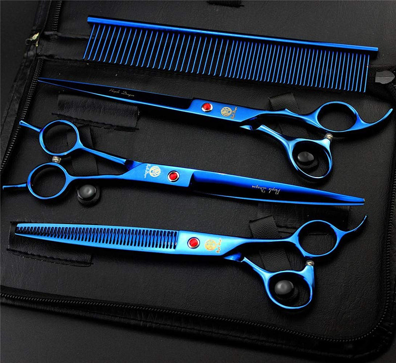 Purple Dragon 8.0" Titanium Multicolor Professional Pet Grooming Scissors Set,Straight & Thinning & Curved Scissors Shear with Bag for Dog Cat Grooming Blue - BeesActive Australia