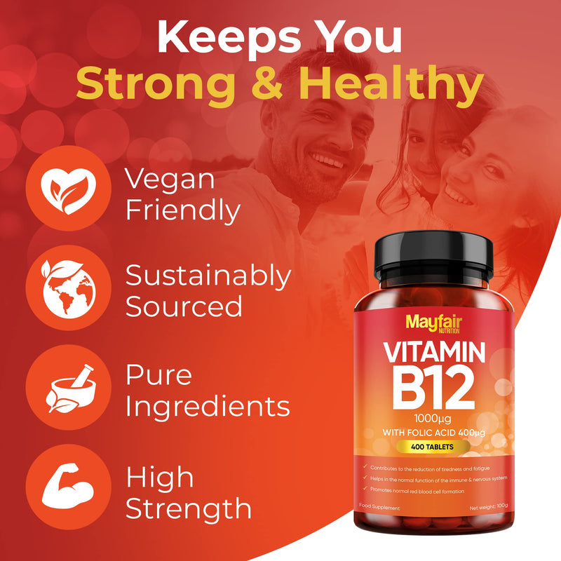 Vitamin B12 Supplements with Folic Acid - 200 Tablets of 1000mcg Vegan B12 - Non-GMO & Gluten-Free - Made in UK - BeesActive Australia