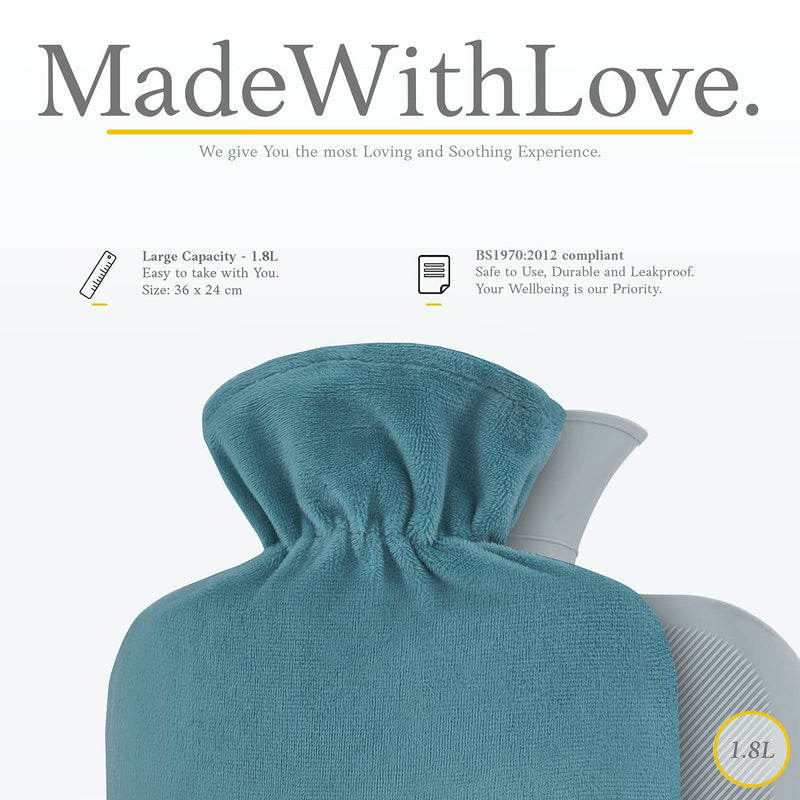 Hot Water Bottle with Fleece Cover - Soft Premium Fluffy Cover - 1.8L Large Capacity - Hot Water Bag for Pain Relief, Back, Neck and Shoulders & Warm Cosy Nights - Great Gift for Women (Green/Blue) Green/Blue - BeesActive Australia