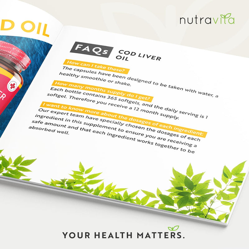 Cod Liver Oil 1000mg - 365 Softgels of Premium Cold Pressed Fish Oil - Rich in High Strength Omega 3, Vitamins A, D, E & Garlic Oil - Supports Heart & Brain Health - Made in The UK by Nutravita - BeesActive Australia