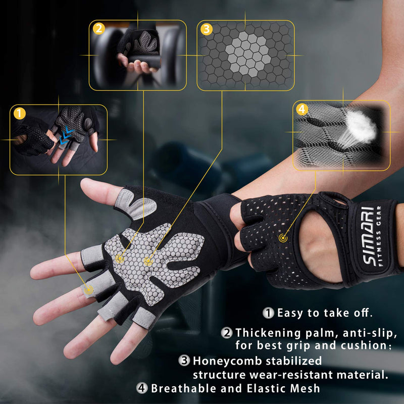 SIMARI Workout Gloves Weight Lifting Gym Gloves with Wrist Wrap Support for Men Women, Full Palm Protection, for Weightlifting, Training, Fitness,Exercise Hanging, Pull ups, Upgraded 2021 SG907 Dull Black X-Small - BeesActive Australia