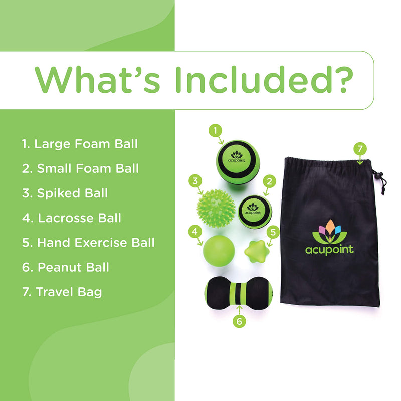 Acupoint Massage Ball Set 6 Physical Therapy Balls for Post Workout Deep Tissue Trigger Point Myofascial Release Lacrosse Ball Peanut Ball Spiky Ball Hand Therapy Ball Lg & Sm Foam Balls Green - BeesActive Australia