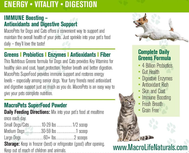 MacroLife Naturals MacroPets Supplement Greens Superfood Topper Dog, Cat, Small Mammal - Natural Nutrition Boost Probiotics, Digestive Enzymes, Vitamin E - Healthy Immune, Gut Flora & Energy - 6.35oz - BeesActive Australia
