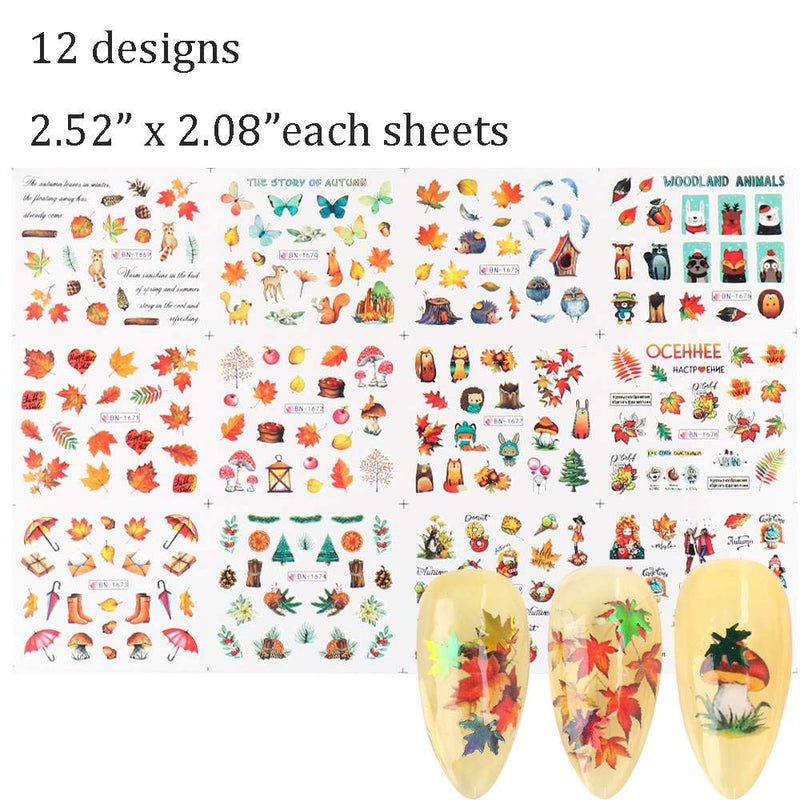 Fall Nail Art Stickers Decals Fall Nail Art Supplies Nail Foil Autumn Colors Water Transfer Nail Accessories 12 Design Maple Leaf Scarecrow Cute Animal Fall Butterfly Nail Designs for Acrylic Nails - BeesActive Australia