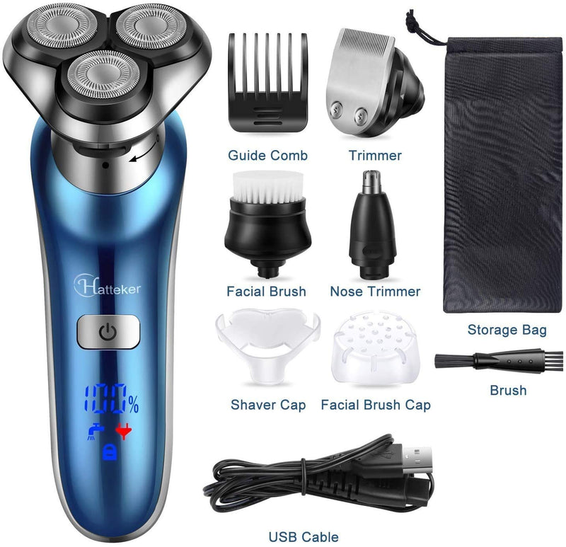 Hatteker Electric Shaver for Men Rotary Shaver Electric Razor Beard Trimmer Nose Hair Trimmer Cordless Wet Dry Face Brush 4 in 1 Blue - BeesActive Australia