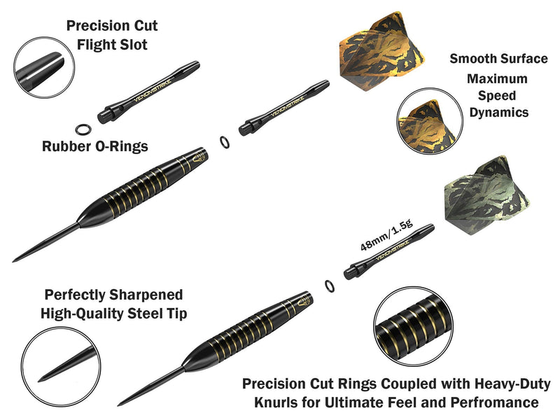 CC-Exquisite Professional Steel Tip Darts Set - 6 x 22g Brass Barrels with 12 Flights Standard/Slim, 12 Aluminum Shafts 35/48mm, 12 O-Rings, Dart Tool, Dart Sharpener and Case (Black & Gold) Black - BeesActive Australia