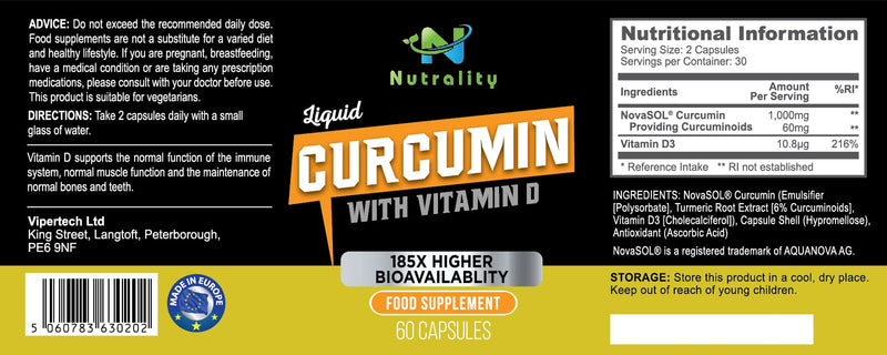 Nutrality Liquid Turmeric Curcumin Supplement, 1000mg per Serving, NovaSOL Extra Strength and Bioavailable Natural Anti-Inflammatory with Vitamin D3 - BeesActive Australia