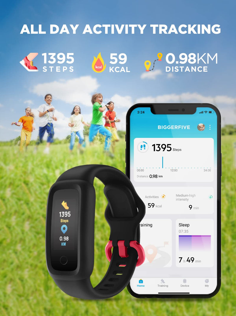 BIGGERFIVE Kids Fitness Tracker Watch for Girls Boys Age 5-12, IP68 Waterproof, Heart Rate Monitor, Activity Tracker, Sleep Monitor, Pedometer, Calorie Counter, Silent Alarm Clock, Family Account Black - BeesActive Australia