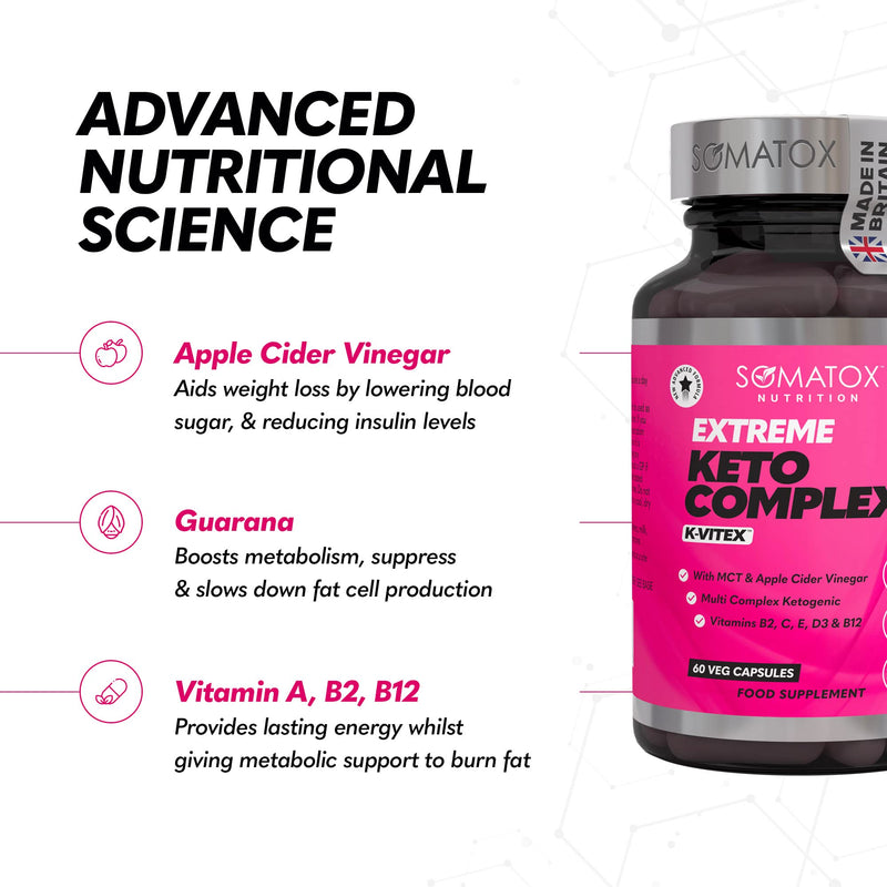 Extreme Keto Complex Max – K-Vitex™ Advanced Ketogenic Formula for Weight Loss - Fat Burner Diet Pills | Apple Cider Vinegar, MCT, Vitamins B12, B2, C, E & D3 – 30 Day Supply/Vegan Capsules - BeesActive Australia