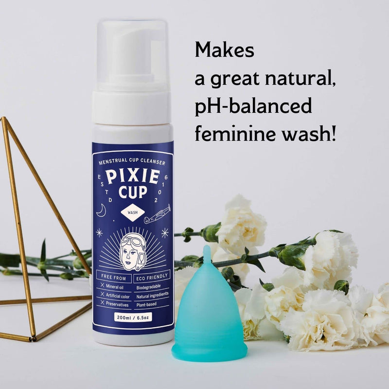 Pixie Menstrual Cup Wash - Foaming Dispenser - Cleaner Sterilizer for Period Cups & Discs - pH Balanced & Natural Organic Ingredients - Most Loved Formula To Wash Your Cup - Bamboo Printed Lid (6.5oz) 200 ml (Pack of 1) - BeesActive Australia