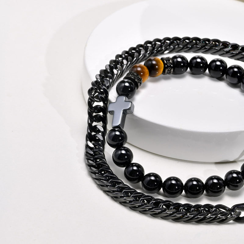 MEALGUET 2 pcs Men's Stainless Steel Bracelets : Black Gemstone Tiger Eye and Agate Cross Beaded Bracelet and Stainless Steel Chain Matching Bracelets Set for Men or Women,Men's Jewelry Gift 8.4"black chain+cross bead bracelet - BeesActive Australia