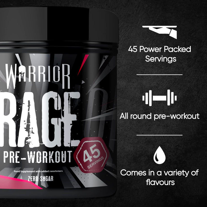 Warrior, Rage - Pre-Workout Powder - 392g - Energy Drink Supplement with Vitamin C, Beta Alanine and Creatine Gluconate - 45 Servings (Charged Cherry) Charged Cherry 392 g (Pack of 1) - BeesActive Australia