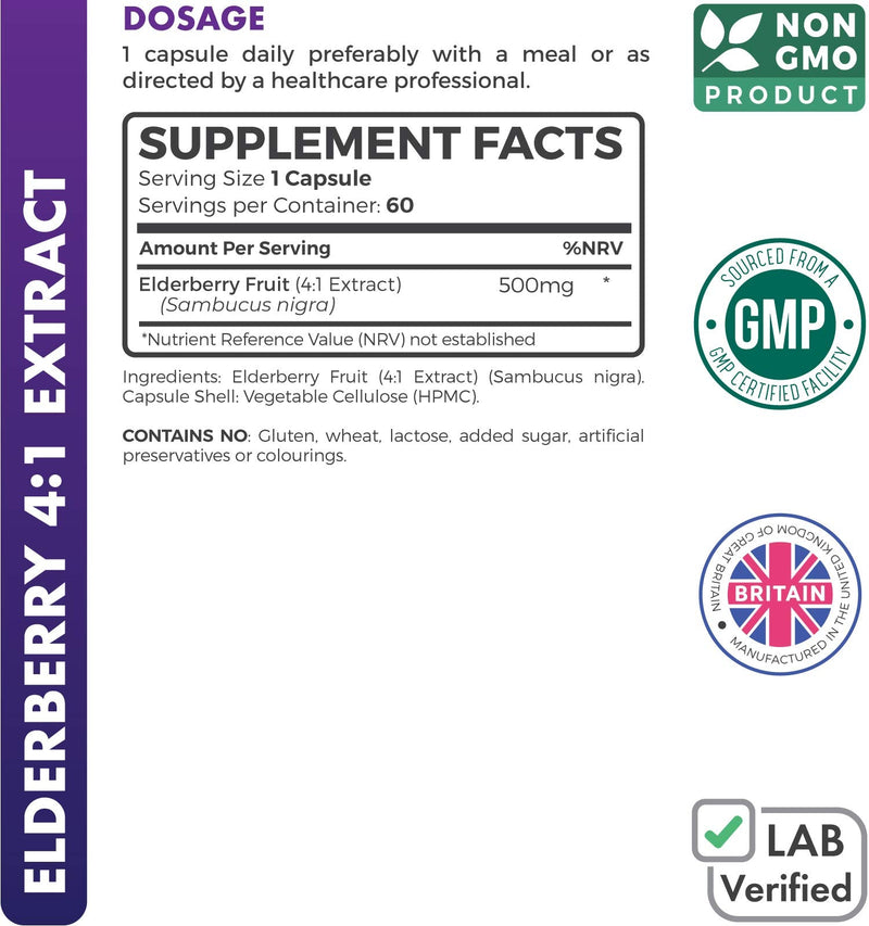 Elderberry 4:1 Extract Capsules (Non-GMO) Equivalent to 2,000mg Fresh Sambucus Black Elderberry Supplement - 60 Vegetarian Capsules (No Pills or Syrup) - BeesActive Australia