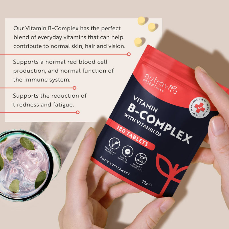 Vitamin B Complex - 180 High Strength Tablets (6 Months Supply) - All 8 B Vitamins B1-B2-B5-B6-B12, Biotin, Folic Acid and Vitamin D3 - Reduction of Tiredness & Fatigue - Made in The UK by Nutravita - BeesActive Australia